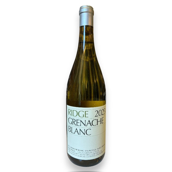 A bottle of RIDGE GRENACHE BLANC 2024 from WINE: WINEBOW, featuring a white label with black text and a silver cap, set against a plain white background—an elegant expression of Paso Robles wine craftsmanship.