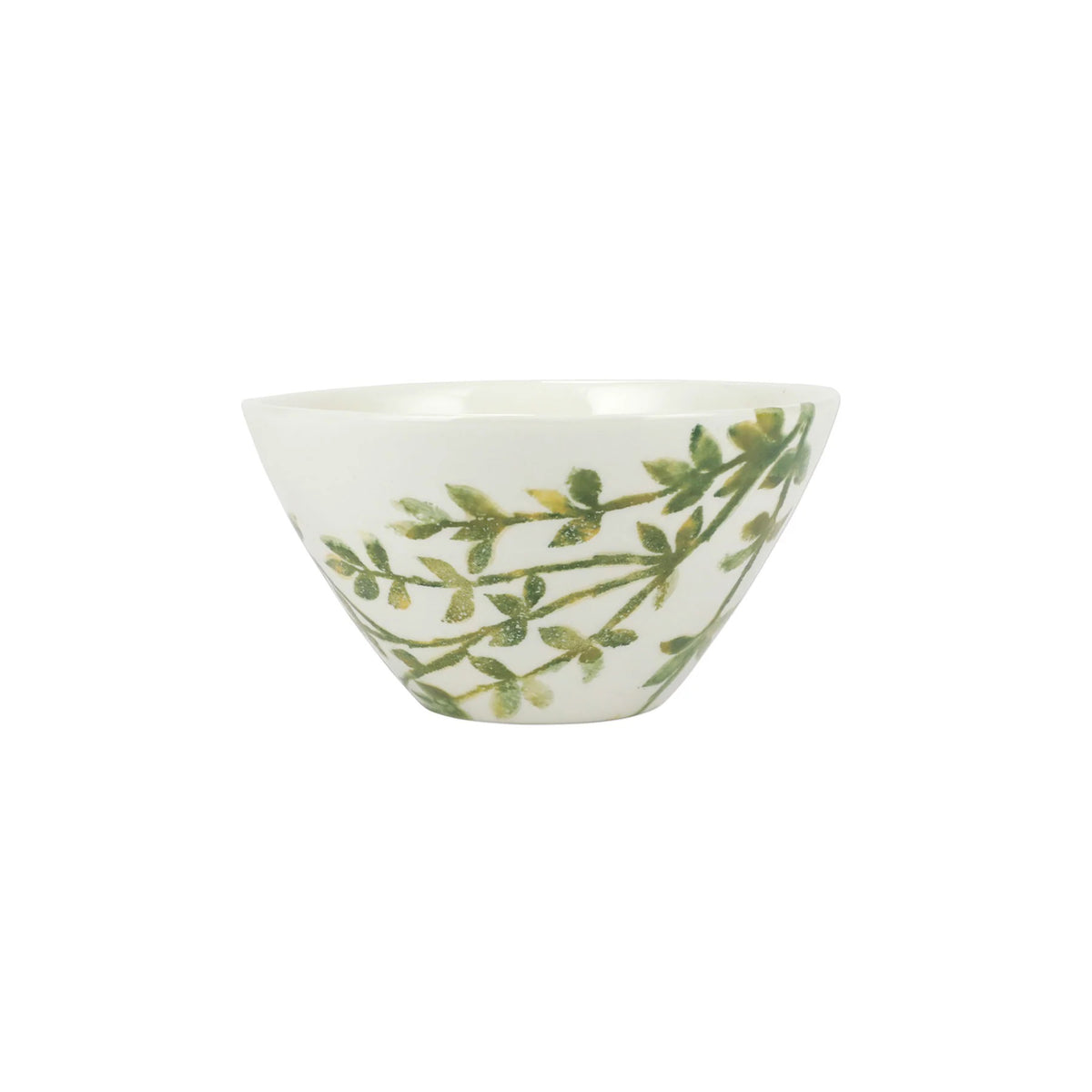 The VIETRI - Fauna Cereal Bowl is a small, white ceramic piece adorned with delicately painted green leaf designs on the exterior, evoking the lush greenery of Umbria. This bowl features a simple, elegant shape with a slightly flared rim and a smooth finish.