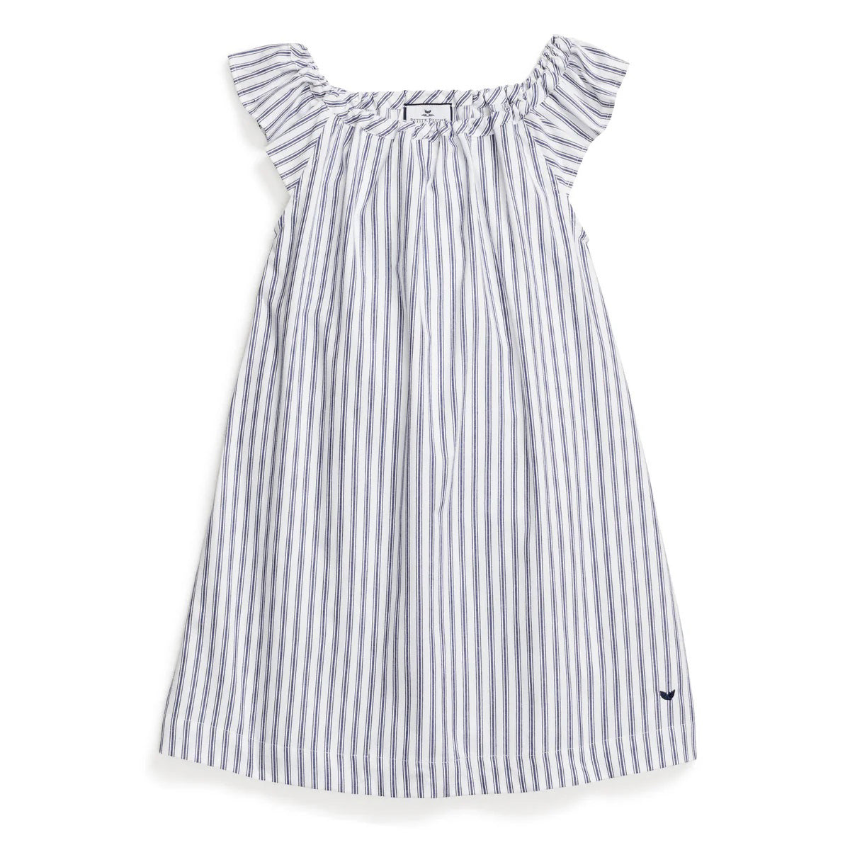 The Isabelle Nightgown from the Fearrington Lifestyle Collection by Petite Plume is a sleeveless, knee-length dress with vertical blue and white stripes. It features ruffled shoulder straps, an elasticized neckline, and a small embroidered blue bird near the hem on the bottom right side.