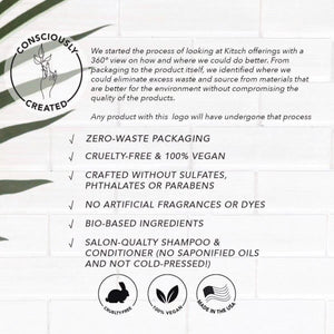 A light green KITSCH solid shampoo bar sits atop its packaging marked "TEA TREE & MINT CLARIFYING SHAMPOO BAR, For a Deep, Refreshed Cleanse." Infused with tea tree oil, as a 4ocean Certified Cleanup Partner, KITSCH helps reduce single-use plastic.