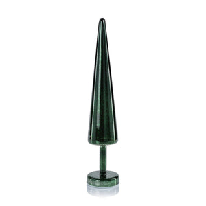 The ZODAX NOEL SPARKLE SPRUCE LED TREE is a tall, dark green, cone-shaped glass sculpture with LED lights, standing upright on a circular base and featuring a modern, abstract tree design.