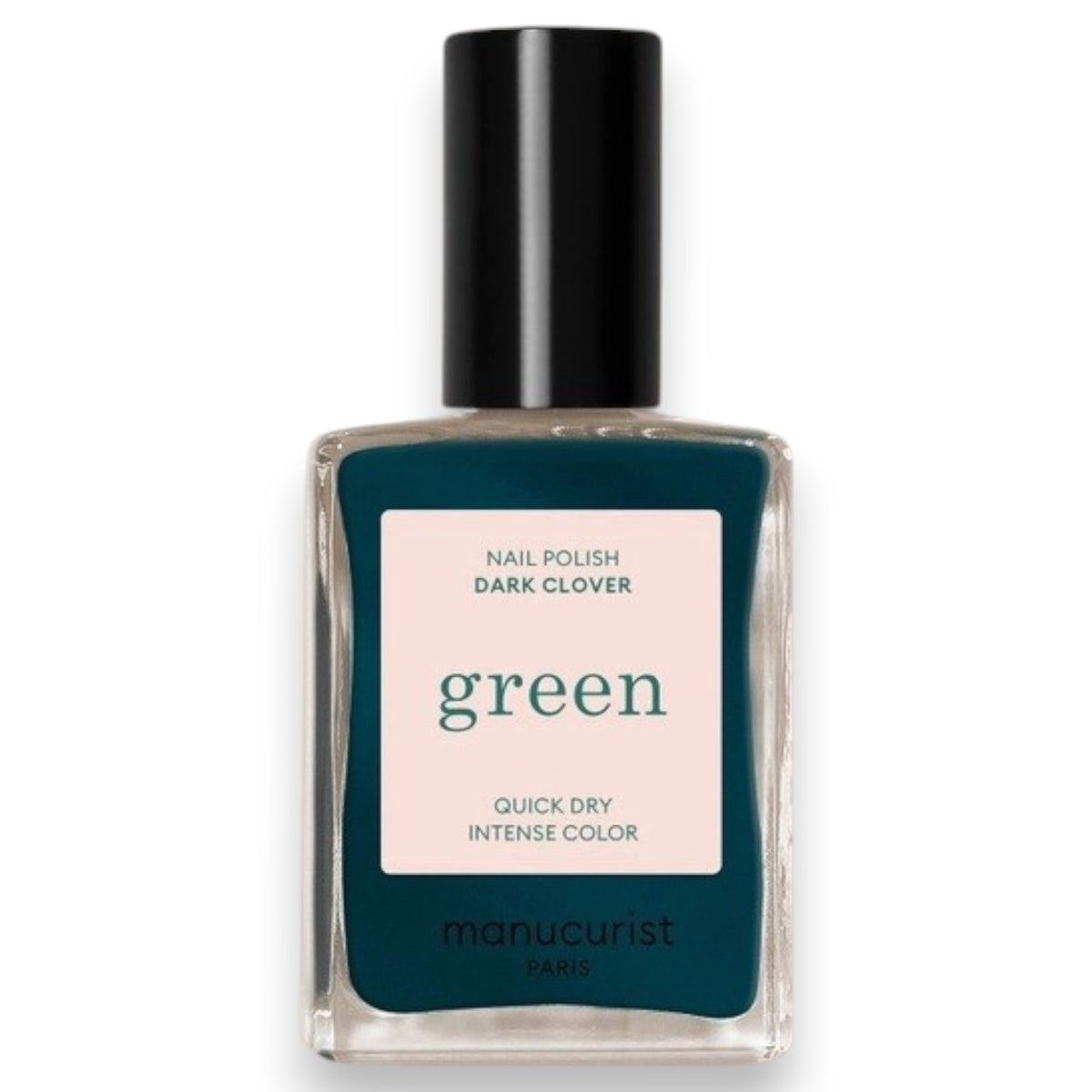 A hand with dark green painted nails rests on silver fabric, next to a matching bottle of MANUCURIST - GREEN™ Nail Polish in Dark Clover by MANUCURIST INC.