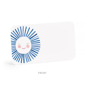 The E. FRANCES - LITTLE NOTES BLUE SUNSHINE mini card features a smiling, hand-painted watercolor sun with a white face, pink cheeks, closed eyes, and light blue rays. Text below: "Little Notes by E. Frances Paper. Please Recycle Me.