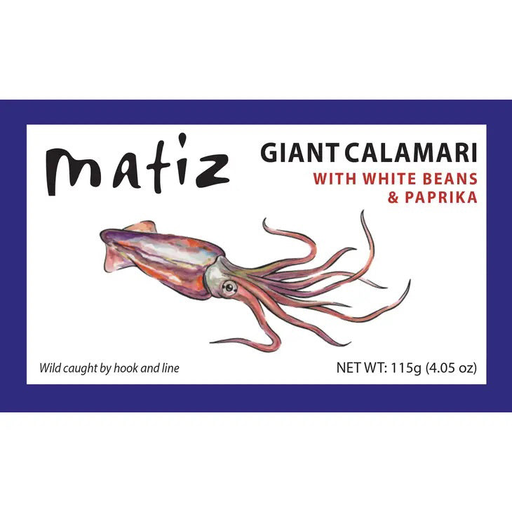 A product label for "MATIZ - CALAMARI WITH BEANS" by MATIZ ESPANA. The label features an illustration of a squid's meaty tentacles on a white background with a blue border. Text on the label mentions it's wild caught by hook and line, with a net weight of 115g (4.05 oz).
