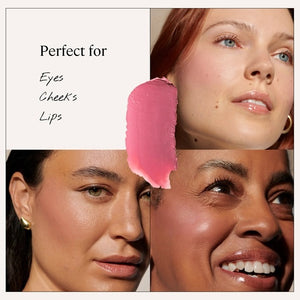 An open jar of MINORI - CREAM BLUSH in the shade Sweet Pea, featuring a pink lid and revealing a smooth, rosy pink cream-to-powder formula inside the clear container for a natural-looking blush finish.