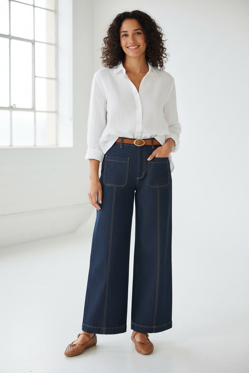 A woman with curly hair stands smiling in a bright room, wearing the MERSEA Andie Woven Pant in Rinse—high-waisted, wide-leg trousers with front pockets—paired with a white button-up shirt tucked in, a brown belt, and brown woven flats. One hand rests in her pocket.
