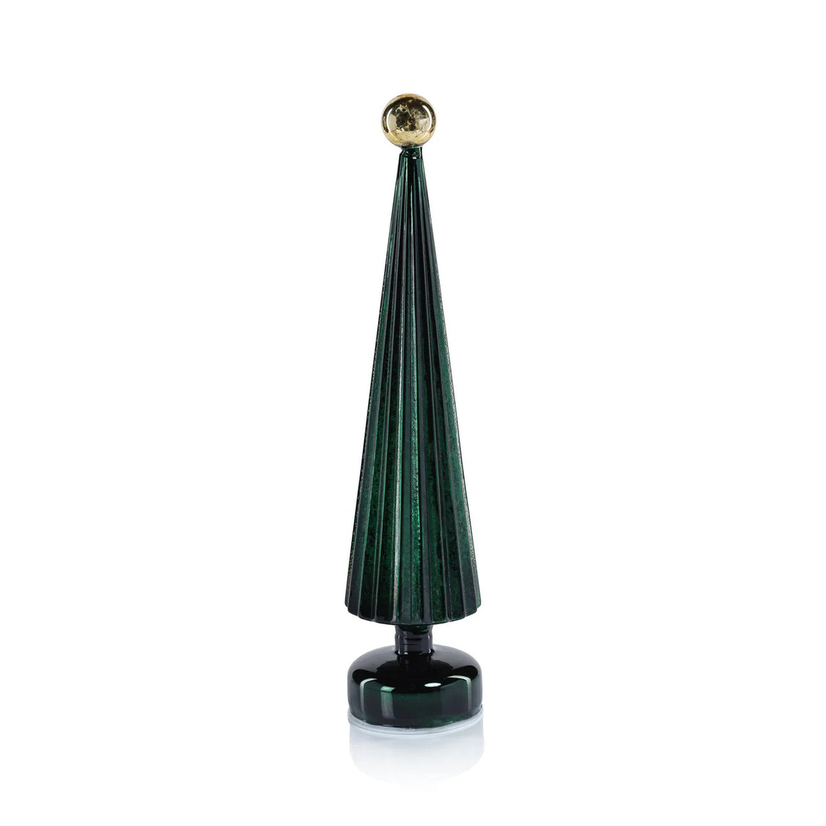 The ZODAX LED TREE WITH GLOBE FINIAL features a dark green, cone-shaped design with vertical ridges and a shiny gold globe top, standing on a round base next to a Glass LED sign, all against a white background.