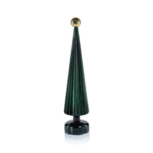 The ZODAX LED TREE WITH GLOBE FINIAL features a dark green, cone-shaped design with vertical ridges and a shiny gold globe top, standing on a round base next to a Glass LED sign, all against a white background.
