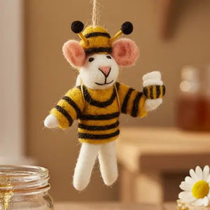DEB BEE THE MOUSE ORNAMENT, a handmade felt mouse wearing a yellow and black striped bee costume with antennae.