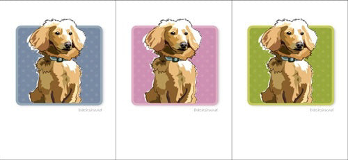 The PAPER RUSSELLS - DACHSHUND BOX NOTES features a fluffy dachshund with a blue collar against a blue polka dot background, printed on recycled paper with &quot;Dachshund&quot; elegantly written beneath.