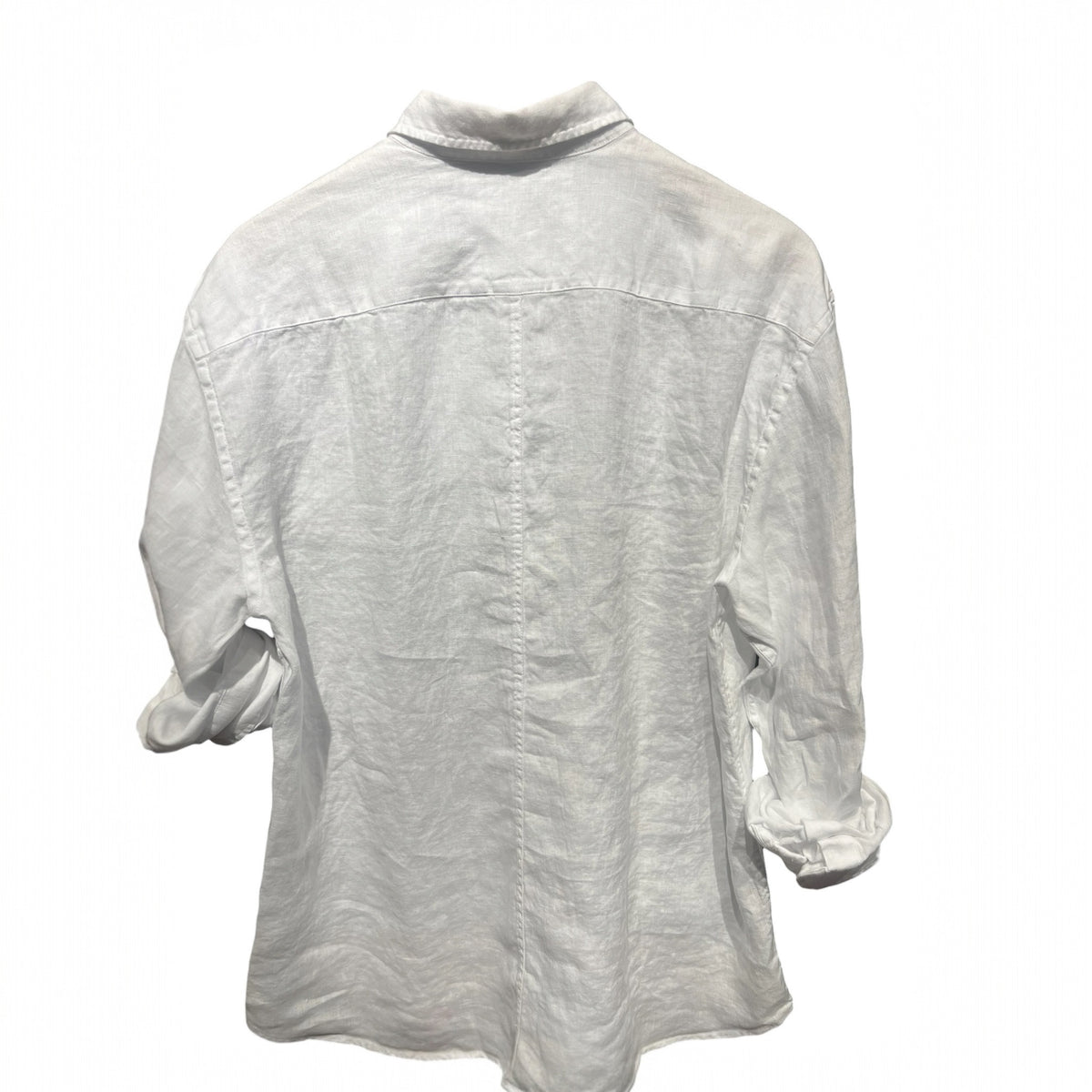The FRANK & EILEEN Finbar Men's Button Up Shirt in White Washed Linen is shown with casually rolled long sleeves and a relaxed, slightly wrinkled look against a plain white background.