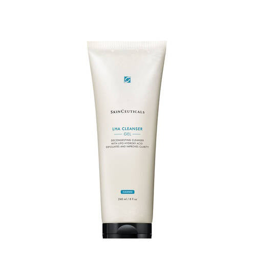 A white tube of SkinCeuticals LHA Cleansing Gel is ideal for aging skin. The packaging features a blue square logo at the top, followed by the brand name, product name, and a description stating “Decongestant cleanser exfoliates and improves clarity.” This 240 ml/8 fl oz exfoliating gel face cleanser effectively targets blemishes.
