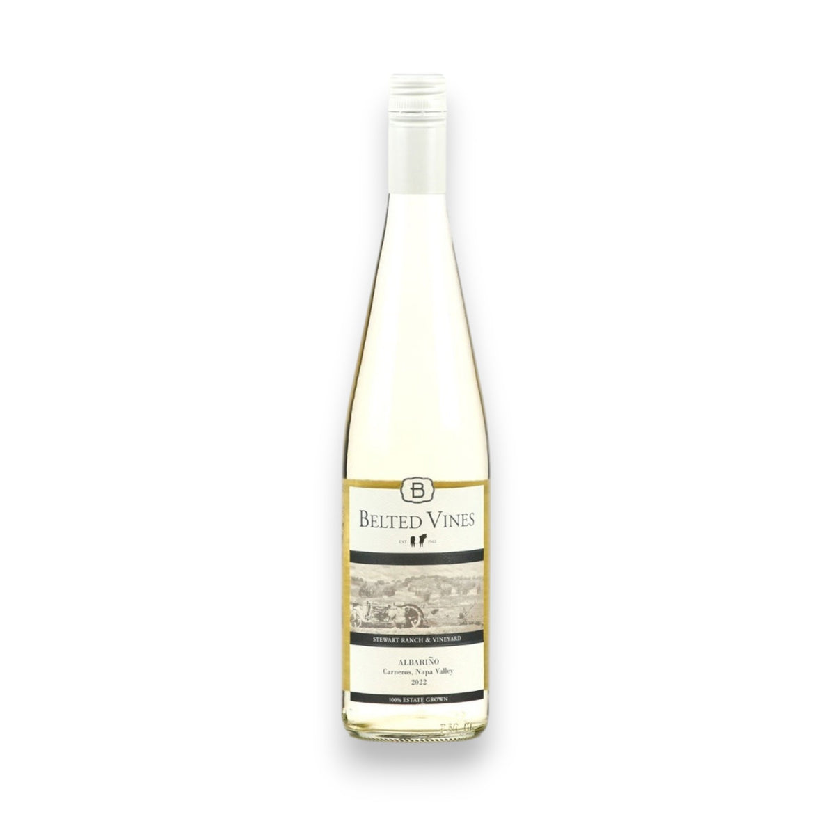 A clear bottle of BELTED VINES ALBARINO 2023 from WINE: 3 KEYS, a crisp California white wine, with a cream label depicting a vineyard and a cream screw cap.