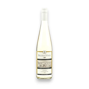 A clear bottle of BELTED VINES ALBARINO 2023 from WINE: 3 KEYS, a crisp California white wine, with a cream label depicting a vineyard and a cream screw cap.
