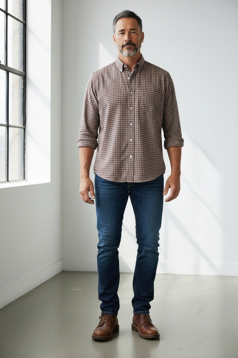 A man wearing a FRANK AND EILEEN - DON MEN’S BUTTON UP SHIRT IN ITALIAN FLANNEL BROWN, BLUE AND GOLD PLAID, paired with dark blue jeans and brown leather boots.
