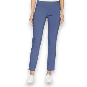 A person is wearing KRAZY LARRY, INC's PULL ON ANKLE PANT in a slim fit beige straight-leg style and black high-heeled shoes against a white background. The outfit is completed with a sleeveless black top that reveals part of the arms and torso.