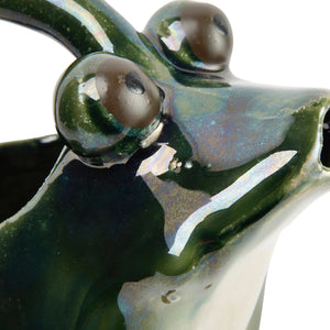 The CREATIVE COOP STONEWARE FROG WATERING PITCHER features a glossy dark green frog shape with brown-accented feet, an arched handle over its back, and a spout at the mouth—ideal as a decorative plant pitcher.