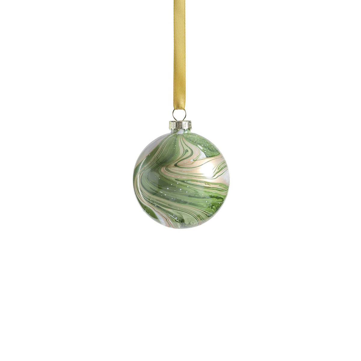 The ZODAX SOLID LUSTER WATER COLOR BALL IN GREEN AND GOLD is a 3.25-inch round glass ornament with green and gold swirls and white dot accents, hanging from a yellow ribbon against a plain white background.