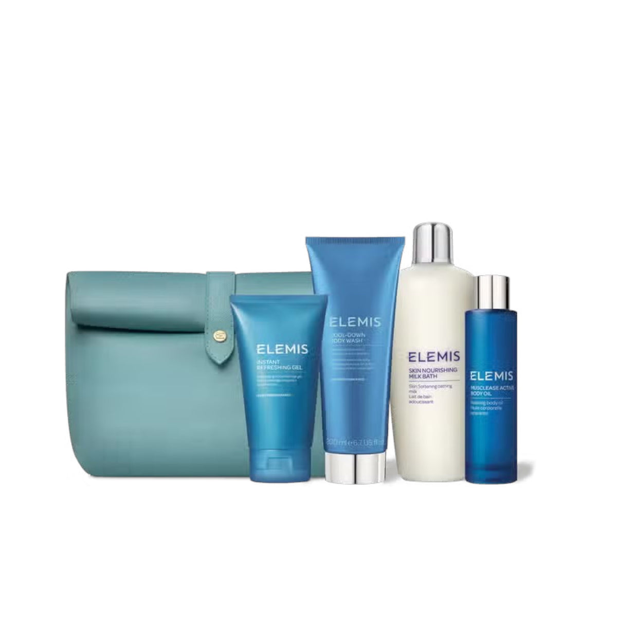 Indulge in the ELEMIS - THE RELAXING BODY COLLECTION by ELEMIS - STEINER. This limited edition set features refreshing skincare formulas in bottles and tubes, beautifully encased in a teal pouch. Valued at $240, it promises a luxurious body care experience.