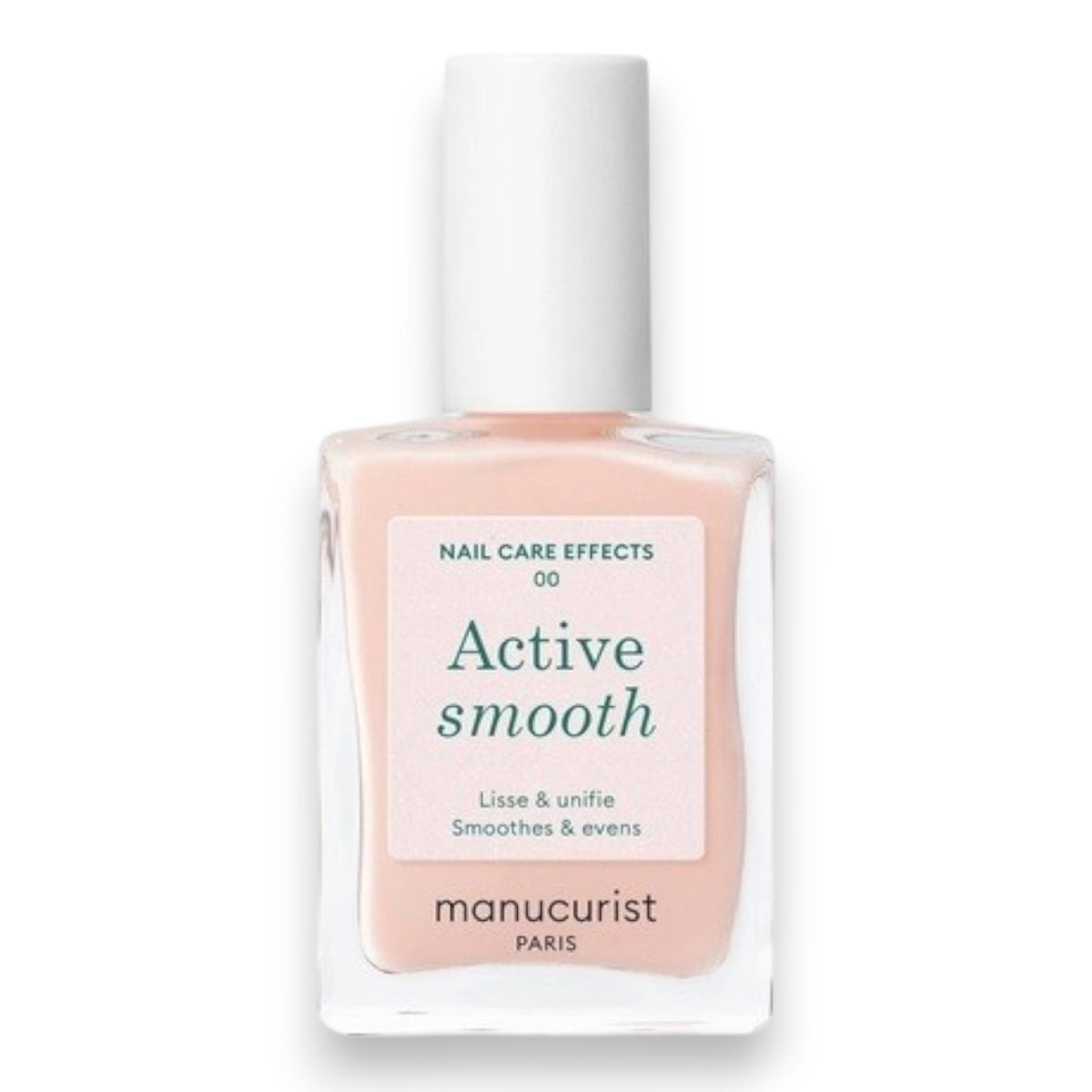 A bottle of MANUCURIST INC’s ACTIVE™ Smooth Ridge Filler Care Polish featuring a white cap and pale pink liquid. The label highlights its smoothing and evening effects, making it ideal for achieving the flawless finish of a French manicure.