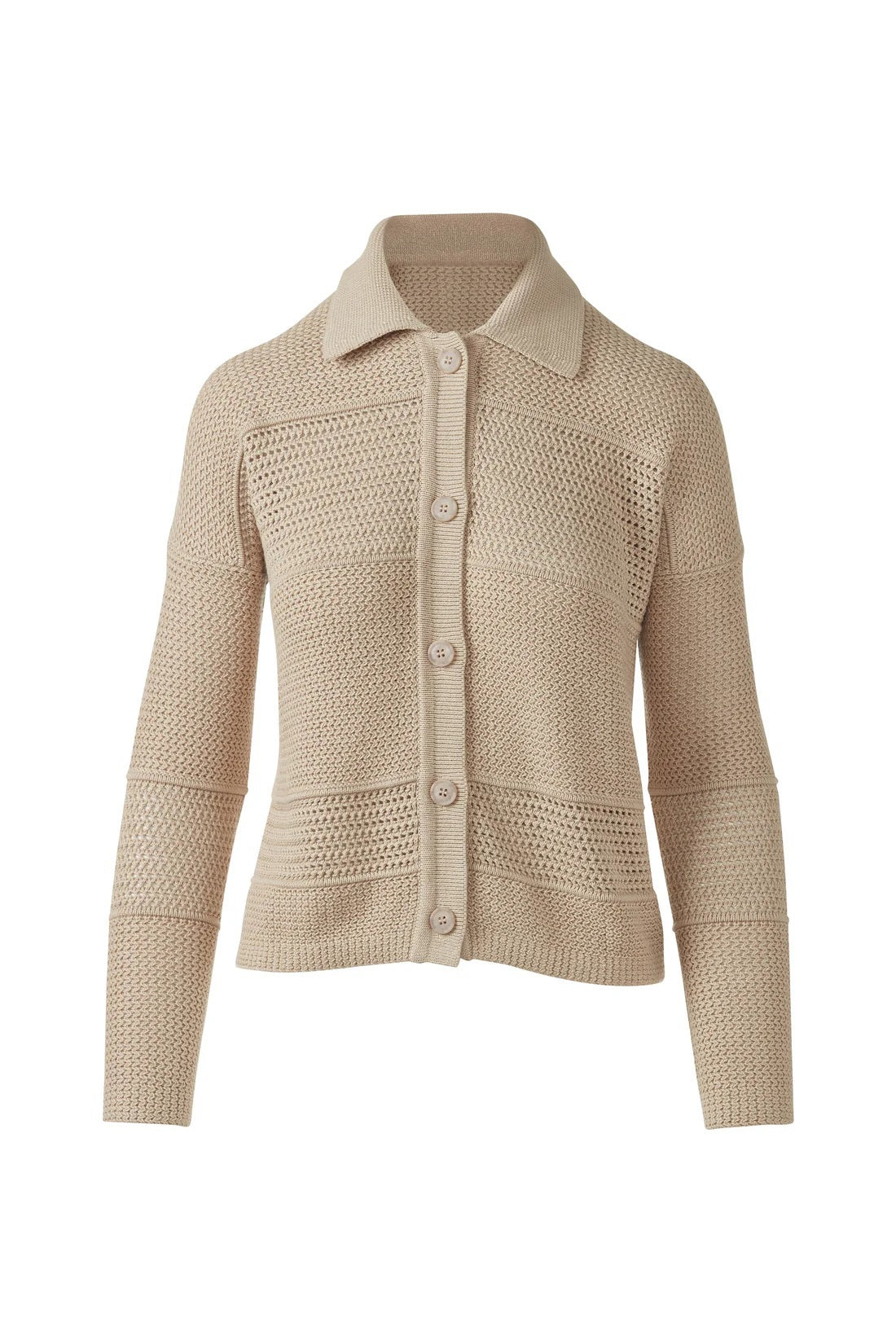 The KINROSS CASHMERE Mixed Texture Collared Cotton Cardigan by KINROSS is a white, long-sleeve button-up cardigan with a textured knit and slightly cropped fit, made from 100% cotton.