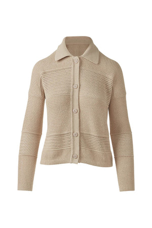The KINROSS CASHMERE Mixed Texture Collared Cotton Cardigan by KINROSS is a white, long-sleeve button-up cardigan with a textured knit and slightly cropped fit, made from 100% cotton.