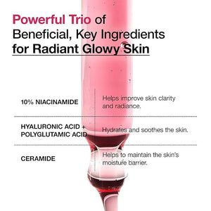 A pink dropper bottle labeled "GLOWISS" elegantly highlights the "ANUA - 10% NIACINAMIDE + 4% TRANEXAMIC ACID SERUM" against a matching circular backdrop, promising to enhance your skincare routine with this luxurious hydrating blend.