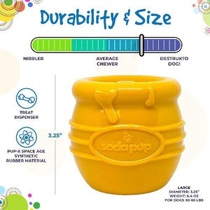 The HONEY POT DOG TREAT DISPENSER - YELLOW LARGE by SODA PUP is a durable yellow plastic container designed in the shape of a honey pot, featuring raised honey drips and a hexagon with a bee symbol on the front. This enrichment toy provides mental stimulation for dogs, making it an ideal treat dispenser for playtime.