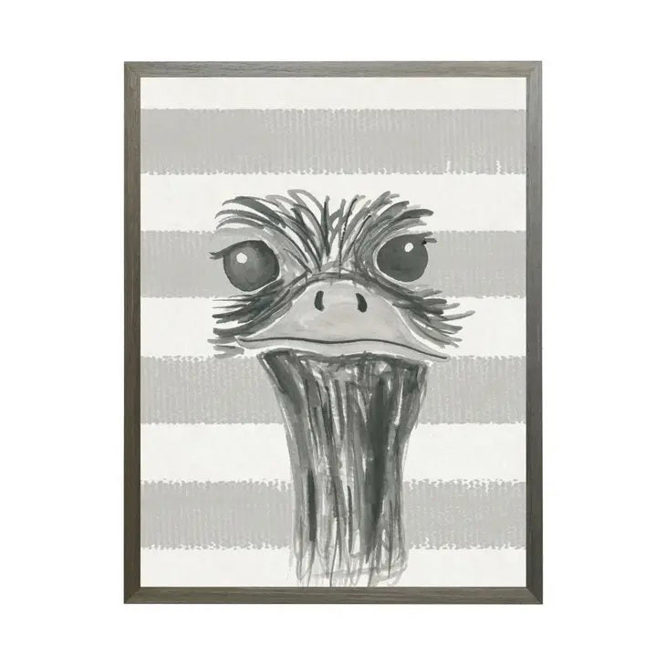 The BLACK WHITE WATERCOLOR EMU FOR KIDS ROOM by ANTIQUE CURIOSITIES features a framed monochrome illustration of an emu with large eyes and a long neck, set against a background of horizontal gray stripes. This black and white watercolor artwork uses various shades of gray and black, giving it a whimsical and expressive appearance.