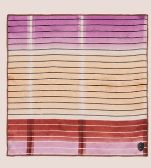 The CLIFTON WILSON - STRIPED SILK POCKET SQUARE features purple, peach, and red horizontal stripes with thin black lines and a small dark emblem in one corner, shown laid flat on a light background.