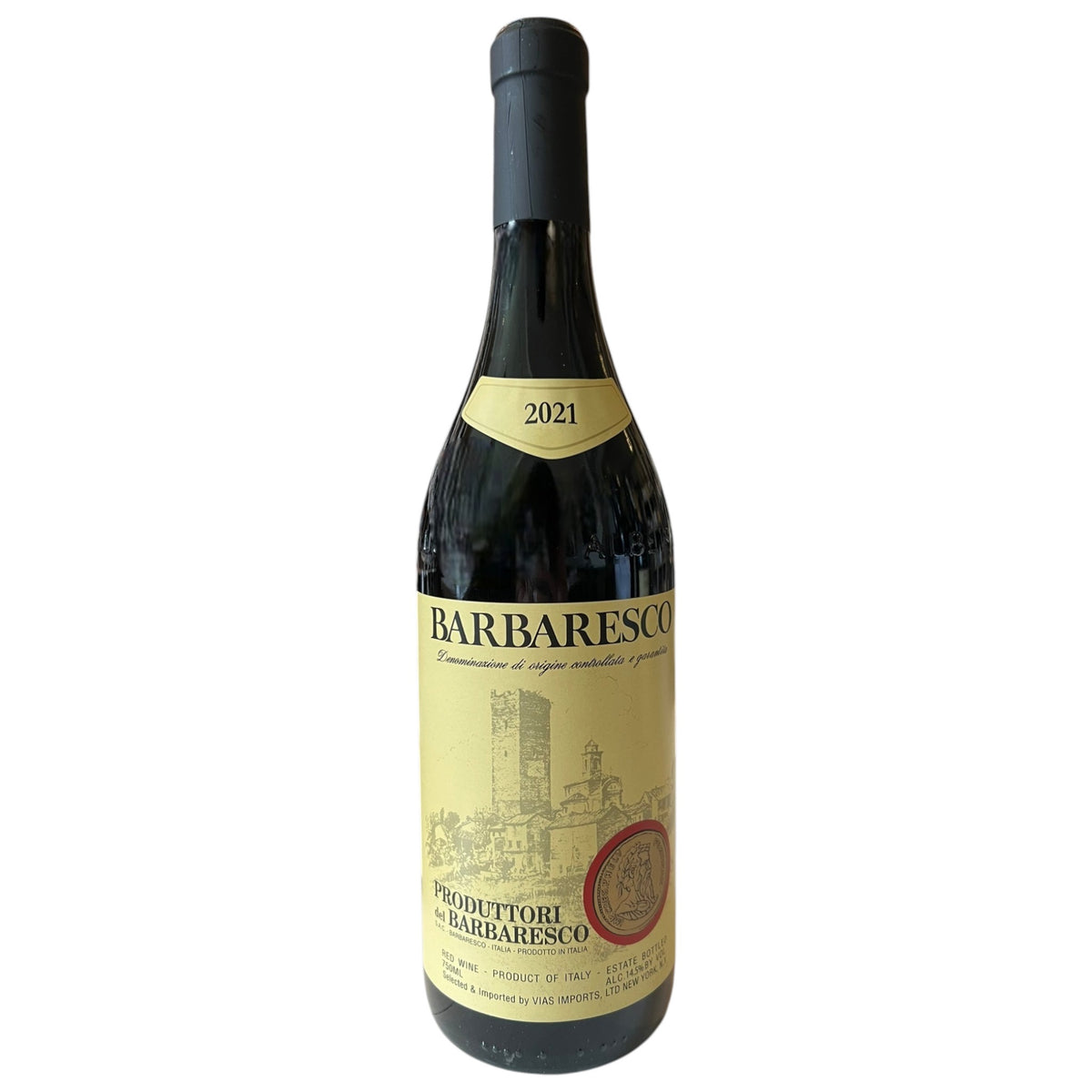 A 2021 PRODUTTORI DEL BARBARESCO red wine by WINE: JOHNSON BROS./OXFORD ST., made from Nebbiolo grapes, with a yellow label featuring a castle illustration and a red seal.