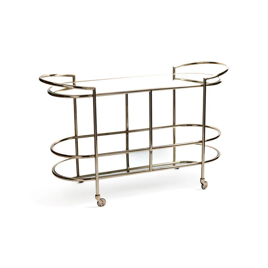 The ZODAX CONSOLE BAR CART showcases a minimalistic design with a shiny gold metal frame, mirrored shelves, curved corners, and clean lines—making it a stylish serving station for any modern space.