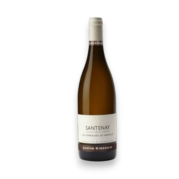 A bottle of JUSTIN GIRARDIN SANTENAY BLANC 2022 by ADVINTAGE. This elegant Burgundy wine is in dark glass with a light-colored label showcasing the name and producer against a plain white background.