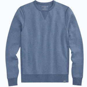 The MACK WELDON Ace Crew Neck Sweatshirt in Ice Storm Heather features long sleeves, ribbed cuffs and hem, and a small triangular stitch at the neckline, shown laid flat on a light background.
