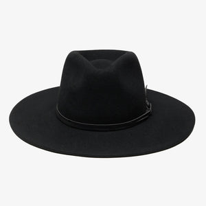 WYETH - RILEY WOOL RANCHER IN BLACK: a black wide-brim packable rancher hat with a matching black cord tied around the base of the crown.