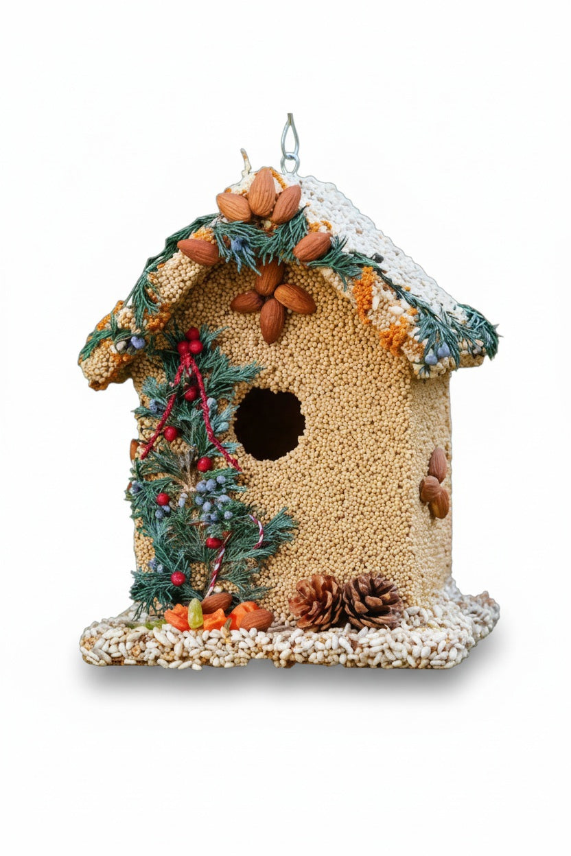 MR BIRD - JUNIPER B&amp;B BIRDHOUSE made entirely of birdseed and decorated with nuts, pinecones, and evergreen branches, serving as an ideal wild bird feeder.