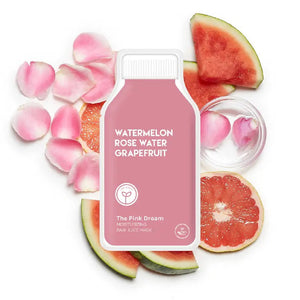 A pink bottle labeled "WATERMELON ROSE WATER" sits among rose petals, watermelon, and grapefruit. ESW BEAUTY's PINK JUICE RAW MOISTURIZING SHEET MASK is a vegan hydrating mask for glowing skin.