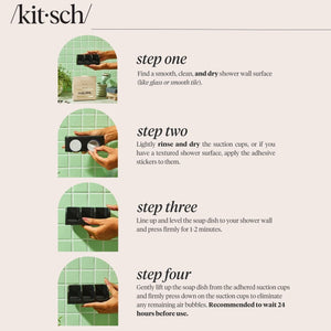 Eco-friendly KITSCH self-draining soap dish, crafted from recycled plastic with three compartments. Displayed in front of its packaging labeled "KITSCH - SELF DRAINING SOAP DISH".