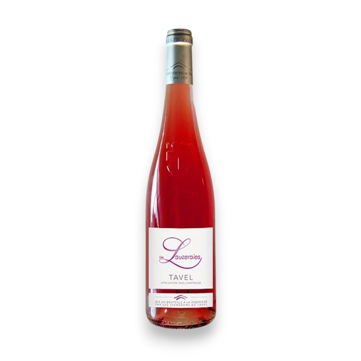 A bottle of LES LAUZERAIES TAVEL ROSÉ 2023 by WINE: MONSIEUR TOUTON features a silver cap and a white label with elegant red cursive text, "Louzeaux" and "Tavel," embodying the Rhône Valley spirit. Its deep pink hue stands out pristinely against the label's white background.