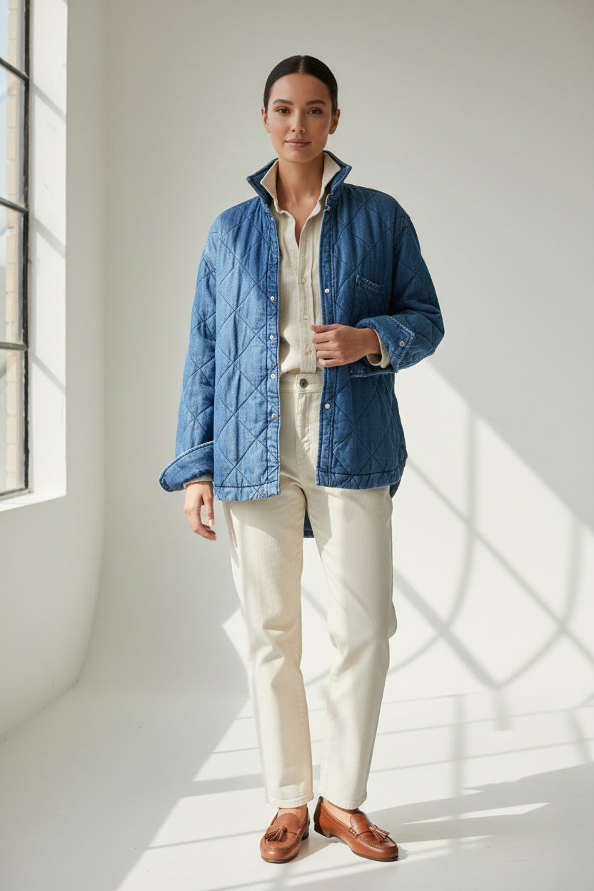 A person holds open a blue FRANK &amp; EILEEN - EILEEN Quilted Shirt Jacket in Famous Denim Distressed Indigo Wash, revealing its interior pocket and distinctive diamond quilted pattern. The person is wearing a cream-colored, ribbed top, with a blurred background.