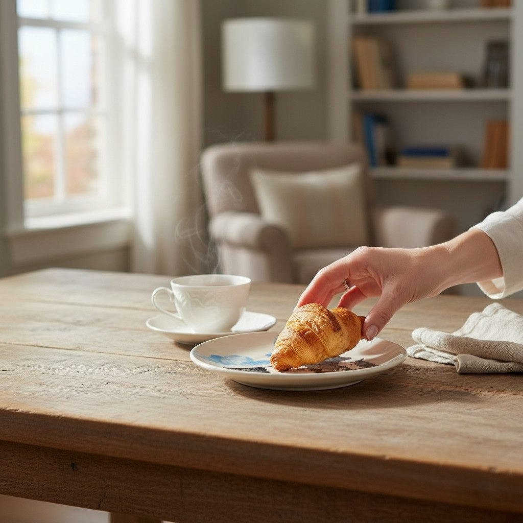A bright breakfast nook showcases the FEARRINGTON SIGNATURE COLLECTION - BELTIE DISH BY VIETRI, holding a small pancake with a blueberry, surrounded by coffee, orange juice, croissants, and scattered blueberries.