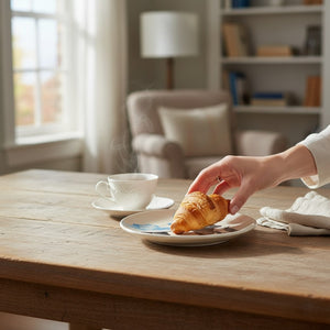 A bright breakfast nook showcases the FEARRINGTON SIGNATURE COLLECTION - BELTIE DISH BY VIETRI, holding a small pancake with a blueberry, surrounded by coffee, orange juice, croissants, and scattered blueberries.