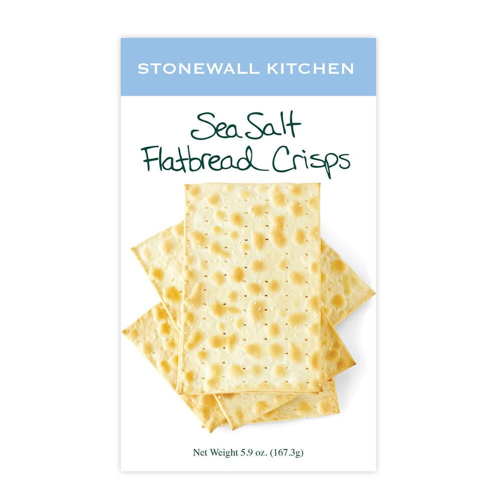 A package of STONEWALL KITCHEN - SEA SALT FLATBREAD CRISPS is displayed, showcasing an image of golden-brown, rectangular crisps stacked neatly. Perfect for pairing with your favorite savory spread, the net weight is 5.9 oz (167.3g).