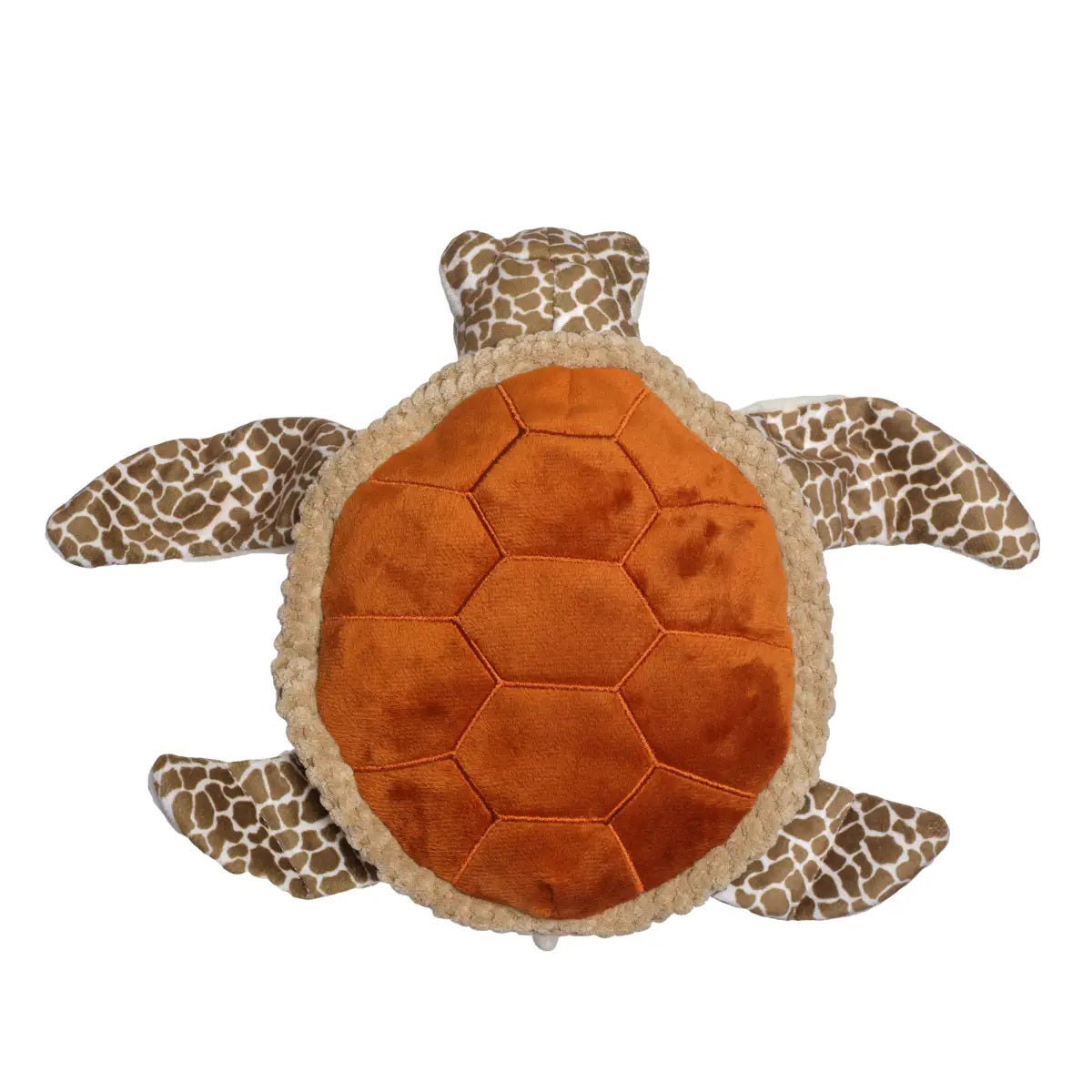 The TALL TAILS - ANIMATED SEA TURTLE DOG TOY features a soft, orange hexagonal-patterned shell with brown, white-spotted flippers and head—an adorable, eco-friendly plush dog toy by TALL TAILS, shown from above on a white background.
