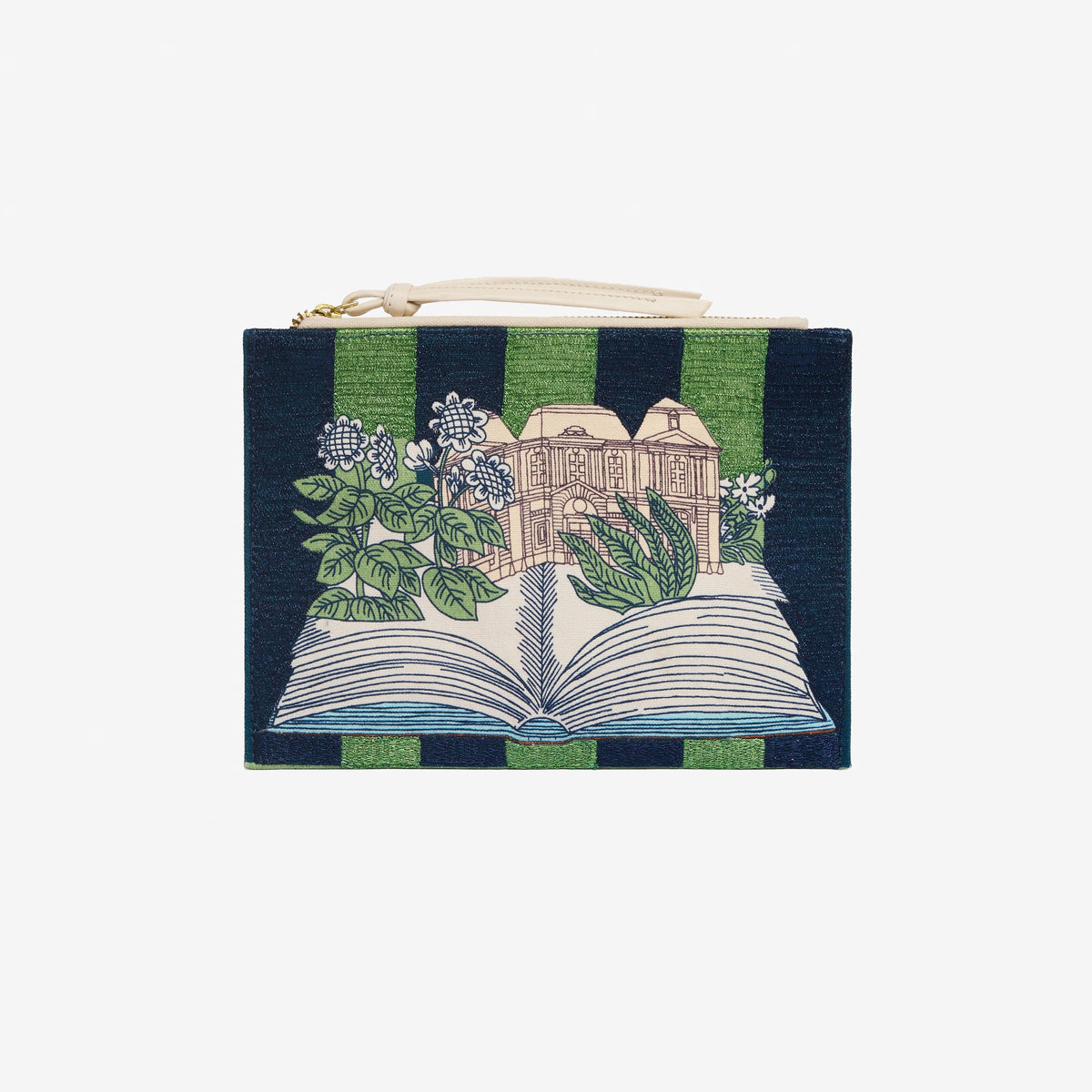 The INOUI EDITIONS - PARIS 7TH ARRONDISSMENT POUCH by INOUI is a rectangular Italian leather pouch with green and navy stripes, an illustrated open book with flowers and a building, plus a white zipper and wrist strap.
