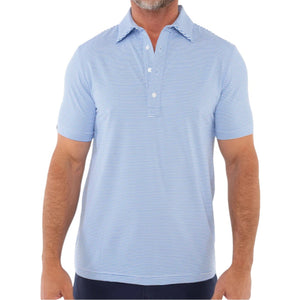 A man wears the CRIQUET Performance Sport Range Polo in Hobby Stripe - Bluebonnet, featuring light blue and white stripes, a collared neckline with three buttons, and lightweight, breathable fabric, standing against a plain white background.