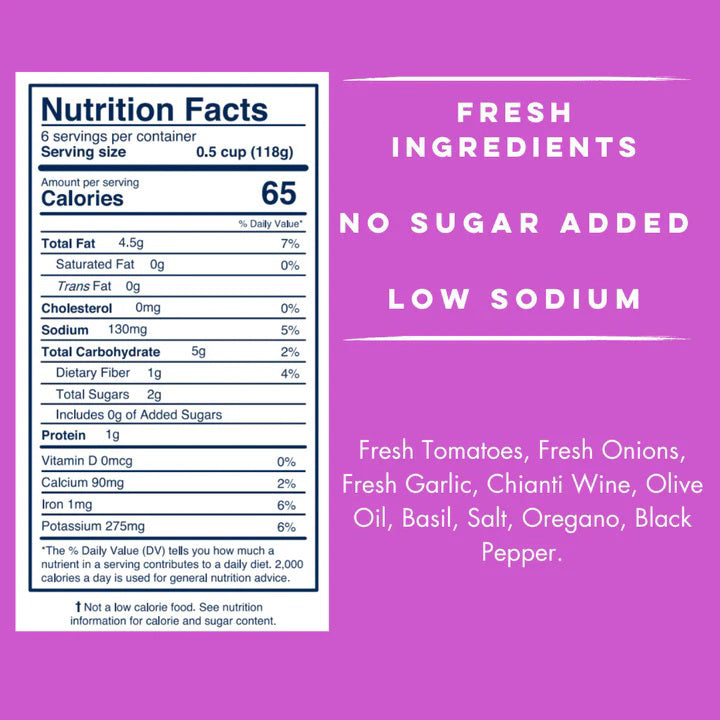 A 25-ounce jar of YO MAMA'S - CHIANTI SAUCE from YO MAMA'S FOODS is displayed. The front label highlights that it is all-natural, contains no added sugar, is low-sodium, and keto certified. The jar brims with a chunky red sauce.