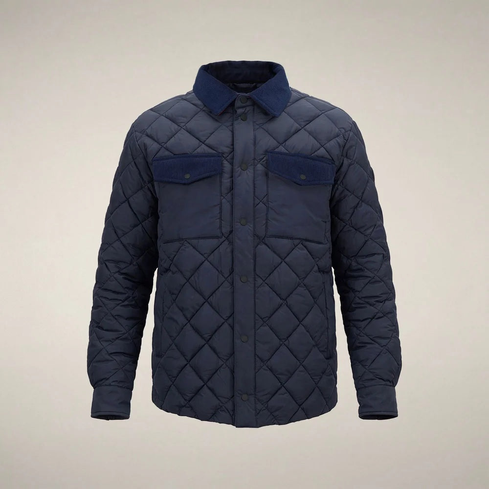 The SAVE THE DUCK - FIRMIN Puffer Jacket in Blue Black by SAVE THE DUCK features a diamond-quilted design, long sleeves, snap button closures, two chest pockets with flaps, and a dark collar, presented against a plain light background.