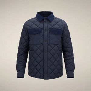 The SAVE THE DUCK - FIRMIN Puffer Jacket in Blue Black by SAVE THE DUCK features a diamond-quilted design, long sleeves, snap button closures, two chest pockets with flaps, and a dark collar, presented against a plain light background.
