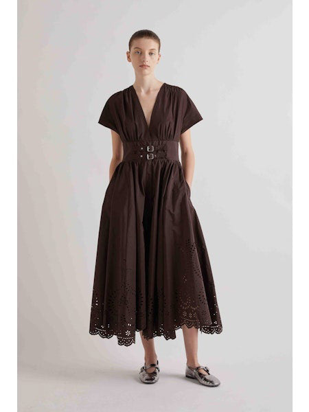 brown dress v neck Brown Metallic Chiffon Ruffle V-Neck Midi Dress